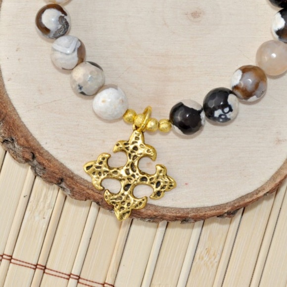 Black and Tan Cross Beaded Stretch Coffee and Cream Fire Agate Beads - Picture 2 of 4